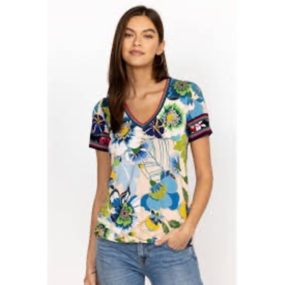 Johnny Was Womens Large Floral V-Neck Short Sleeve Tee Blue Green Boho T-Shirt